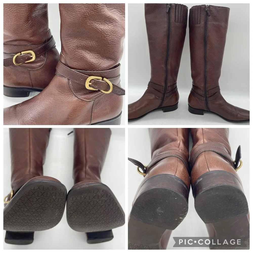 Talbots Womens 7AA Riding Boots Tall Brown Pebbled Leather Gold Buckle‎ Full Zip - Picture 6 of 16